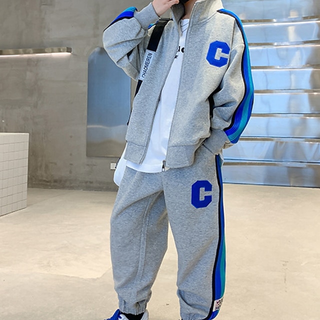  2 Pieces Kids Boys Tracksuits Outfit Letter Stripe Long Sleeve Side Stripe Set Daily Spring Fall 7-13 Years White Gray