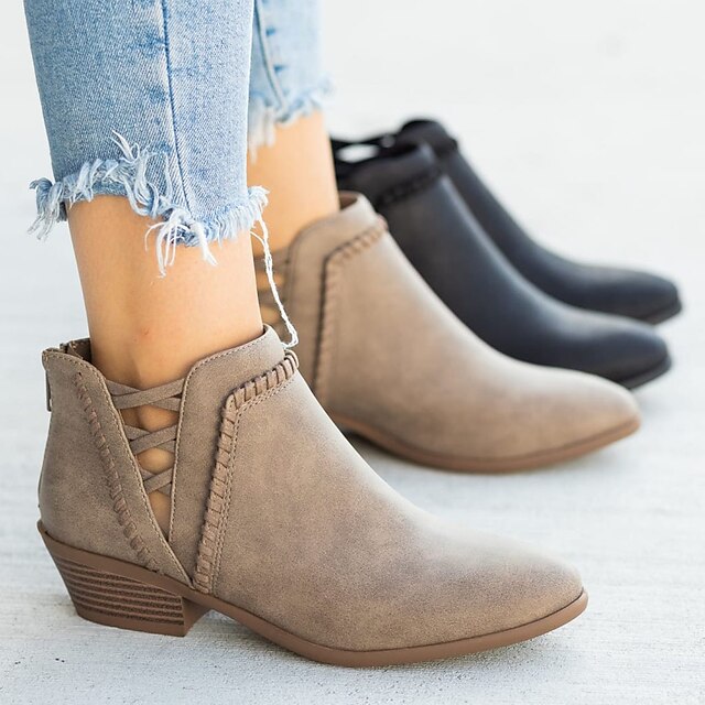  Women's Boots Outdoor Daily Motorcycle Boots Plus Size Booties Ankle Boots Winter Booties Ankle Boots Buckle Zipper Round Toe Chunky Heel Vintage Classic Casual Zipper PU Solid Color Black khaki
