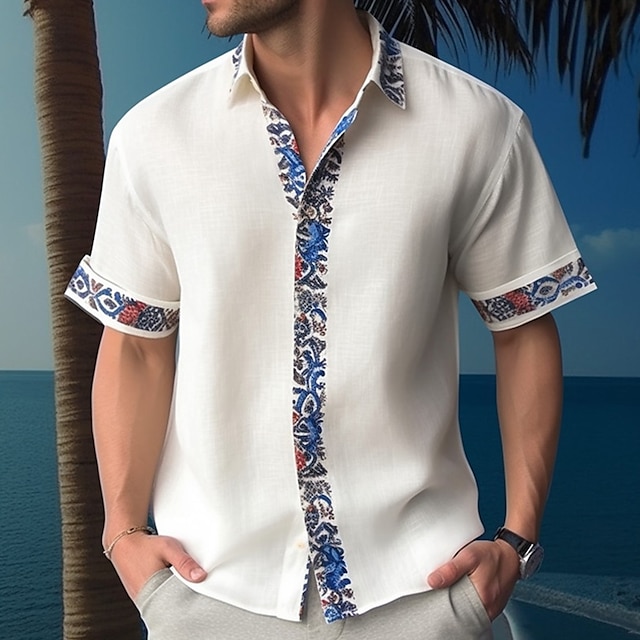  Férfi Virágos Ing Hawaii ing Aloha ing Rövid ujjú Divat Dizájn Alkalmi Szabadtéri Hétköznapi Nyár Tavasz Térfogatcsökkenés Nyomtatott Sárgabarack Fehér Sárga Fekete / Barna Sötétkék