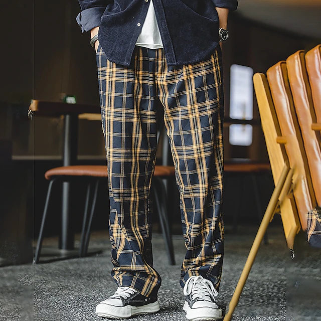 Men's Trousers Casual Pants Pocket Print Plaid Comfort Breathable Outdoor Daily Going out Fashion Casual White Yellow3