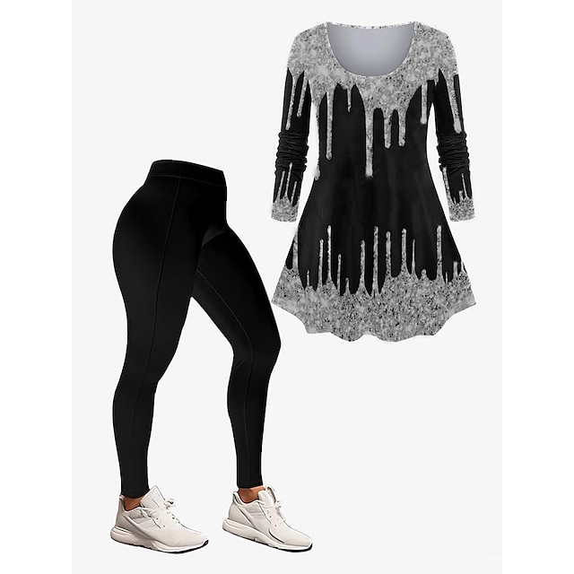  Dames Set Grafisch Dagelijks Vakantie Afdrukken Zilver Lange mouw Vakantie Casual Festival Strakke ronde hals Herfst Winter