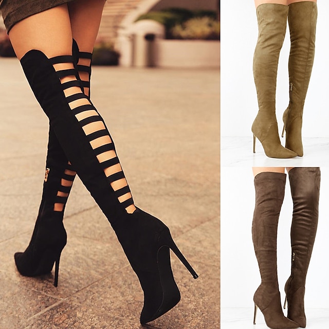  Women's Boots Suede Shoes Sock Boots Plus Size Party Solid Color Cut-out Over The Knee Boots Thigh High Boots Winter Stiletto Heel Pointed Toe Fashion Sexy PU Zipper Black Brown Beige