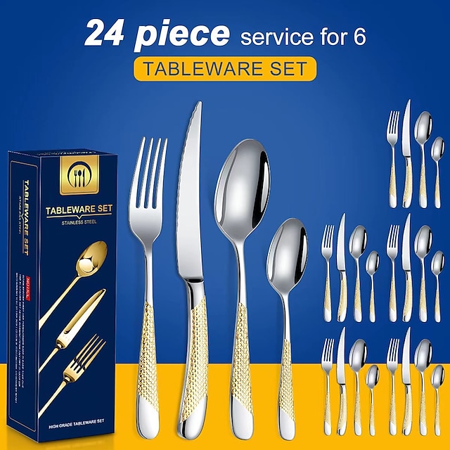  Set de veselă cu mâner, 24 de bucăți, argintărie, cu lamă largă, furculiță pentru friptură, lingură de cafea, veselă de siguranță, set de recuzită pentru masă de bucătărie
