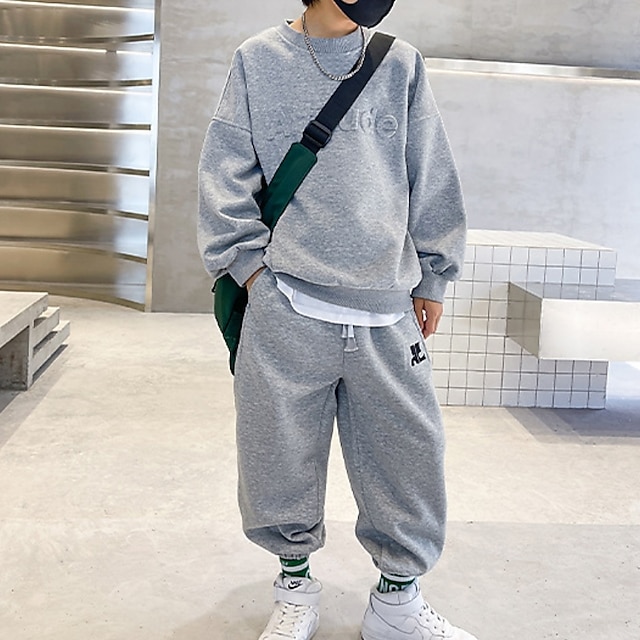  2 Pieces Kids Boys Hoodie & Pants Clothing Set Outfit Solid Color Letter Long Sleeve Set School Fashion Daily Basic Spring Fall 7-13 Years Blue Brown Gray