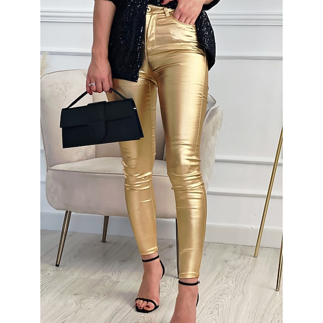  Women's Slim Pants Trousers Cotton Full Length Micro-elastic Fashion Streetwear Mid Waist Party Street Silver Yellow S M Fall Winter