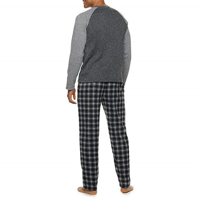  Herren Hausanzug Schlafanzüge Schlafanzug Set Pyjama-Oberteil und Hose 2 Stück Plaid Stilvoll Brautkleider schlicht Komfort Heim Täglich Baumwollmischung Komfort Rundhalsausschnitt Langarm T Shirt