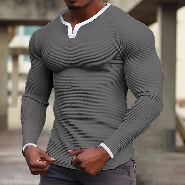  Bărbați Tricou Waffle Cămașă Waffle Tricou Tee Top Manșon Lung În V Primăvara & toamnă Bloc Culoare Modă Designer De Bază Peteci Vacanță Stradă Ieșire Negru Alb Kaki Top tricou pentru bărbați