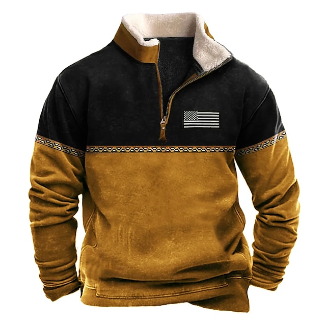  Homme Sweat shirt Sweat zippé Bleu Marron Vert Kaki Demi fermeture éclair Bloc de couleur Drapeau National Patchwork Sport & Loisir du quotidien Vacances basique Décontractées Polaire fine Automne