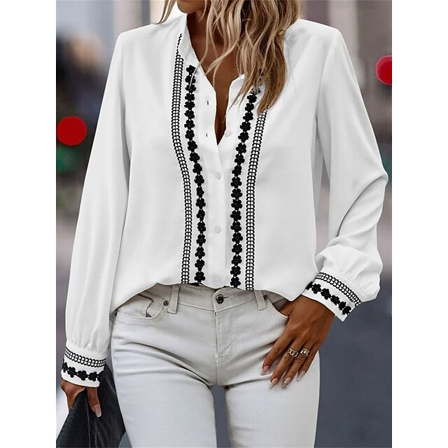  Women's Shirt Blouse Black White Pink Embroidered Button Plain Casual Long Sleeve Shirt Collar Fashion Regular Fit Spring &  Fall