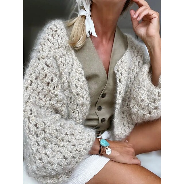  Women's Cardigan Sweater Jumper Crochet Knit Braided Regular U Neck Solid Color Party Christmas Stylish Casual Fall Winter Beige S M L