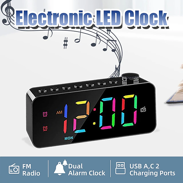 1pc Dynamic RGB Color Changing FM Radio Digital Alarm Clock with Sleep Timer and Dual Alarm - 8 Colors 12/24H Electronic LED Clock 13
