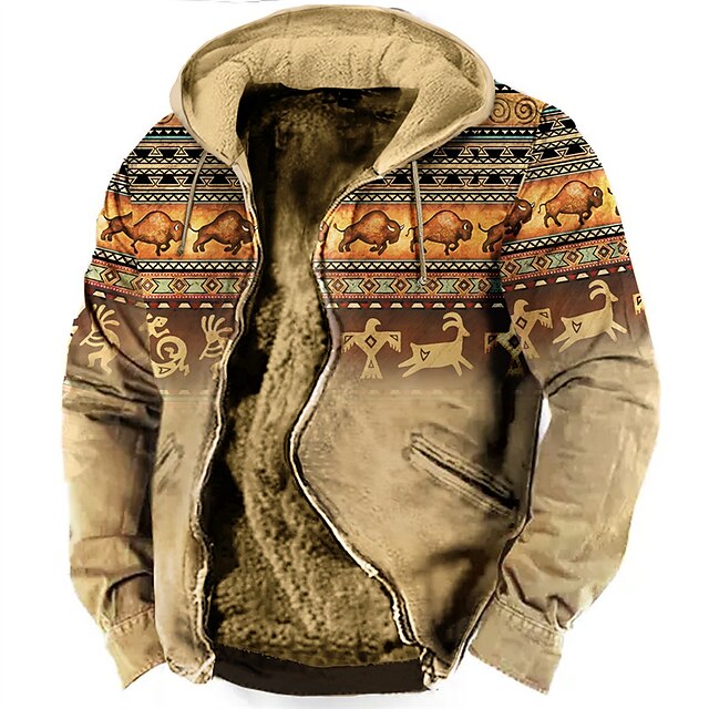  Graphic Tribal Daily Classic Casual 3D Print Men's Holiday Vacation Going out Hoodie Jacket Fleece Jacket Outerwear Hoodies Light Brown Blue Brown Hooded Long Sleeve Winter Fleece Designer