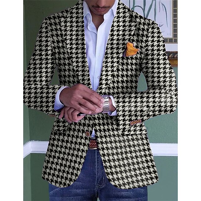  Men's Suits Blazer Formal Evening Wedding Party Birthday Party Spring &  Fall Fashion Casual Houndstooth Polyester Casual / Daily Pocket Single Breasted Blazer khaki
