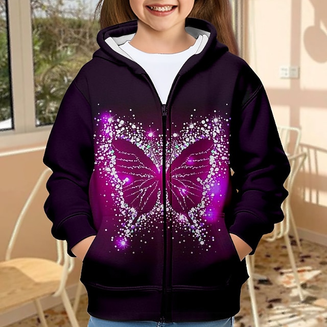  Girls' 3D Butterfly Hoodie Coat Outerwear Long Sleeve 3D Print Fall Winter Active Fashion Cute Polyester Kids 3-12 Years Outdoor Casual Daily Regular Fit