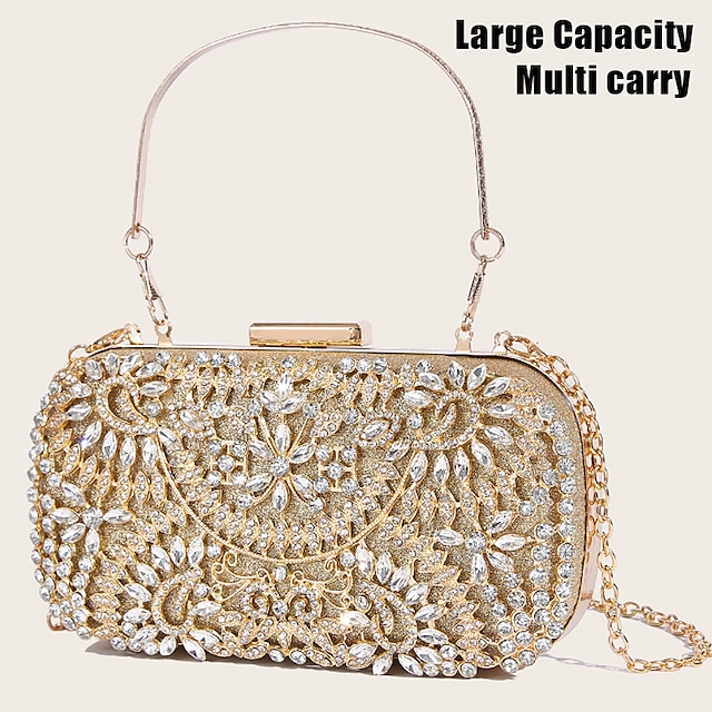  Women's Clutch Evening Bag Wristlet Clutch Bags Polyester Party Halloween Bridal Shower Rhinestone Crystals Chain Large Capacity Lightweight Durable Solid Color Silver Black Gold