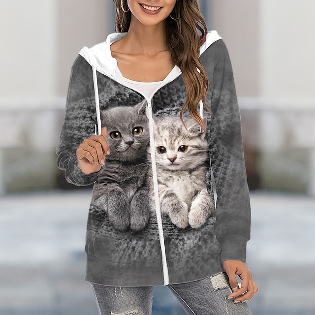  Women's Zip Hoodie Sweatshirt Active Sportswear Drawstring Zip Up Front Pocket Gray Cat Casual Sports Hoodie Top Long Sleeve Fall & Winter Micro-elastic