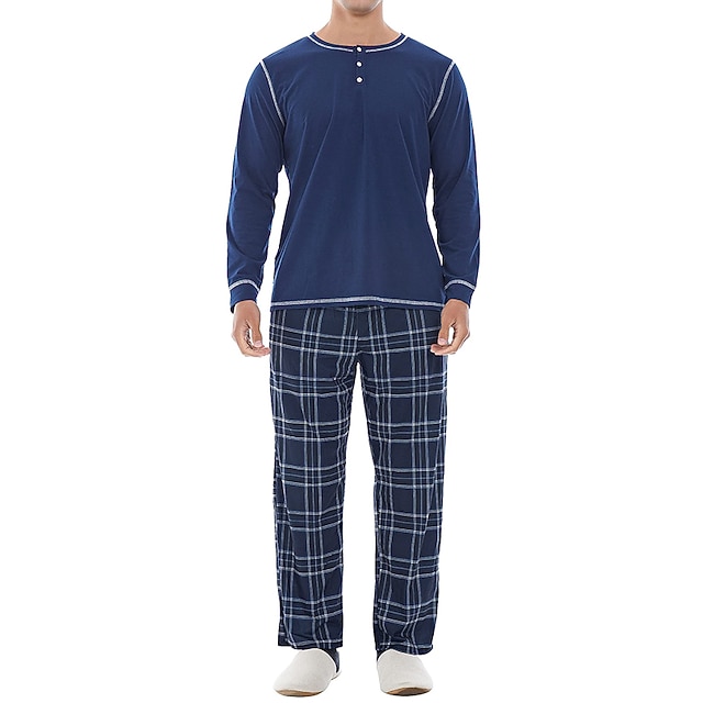  Herr Vardagsklädsel Sovkläder Pyjamas set Pyjamastopp och byxa 2 delar Rutig Stylish Ledigt Komfort Hem Dagligen Bomullsblandning Komfort Henley Långärmad T-shirt Byxa Snörning Elastisk midja Sommar
