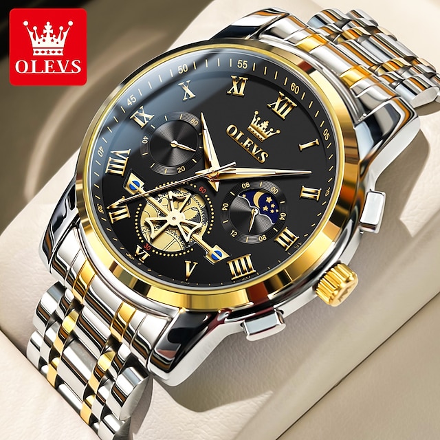  OLEVS Hombre Relojes de cuarzo Moda Reloj Casual Reloj de Muñeca Pantalla de fase lunar Luminoso Calendario Cronógrafo Acero Inoxidable Reloj