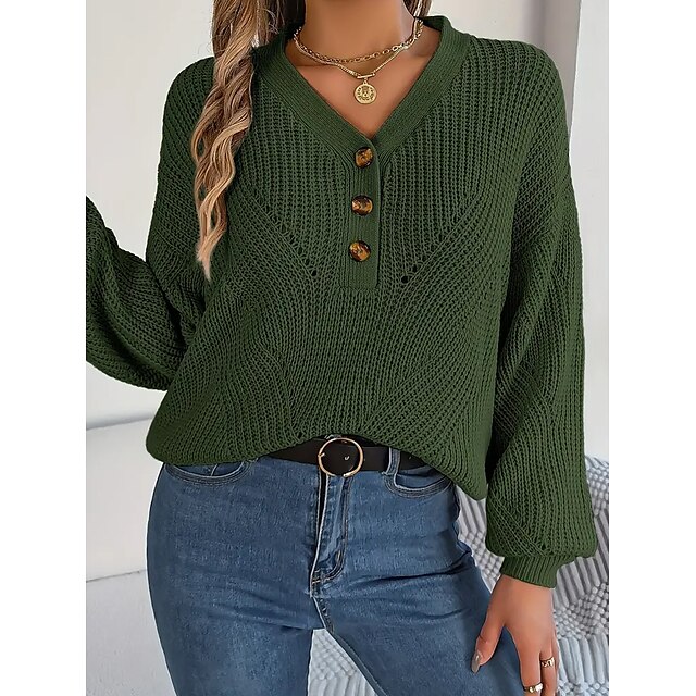  Women's Pullover Sweater Jumper Jumper Crochet Knit Oversized Regular V Neck Solid Color Daily Weekend Casual Lantern Sleeve Fall Winter Green S M L
