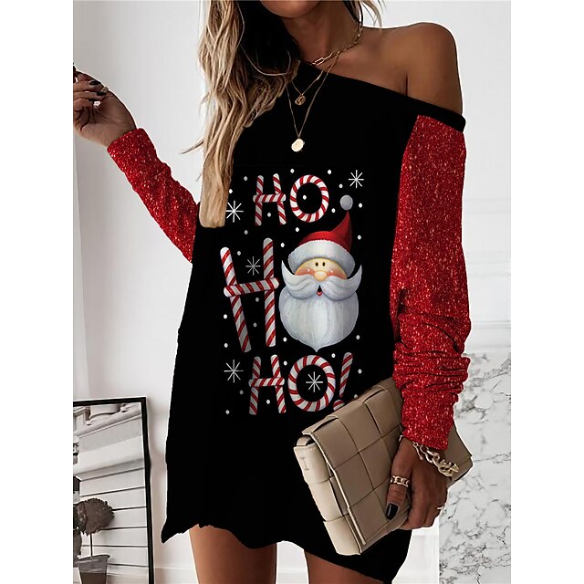  Women's Casual Dress Sweatshirt Dress Warm Fashion Mini Dress Crew Neck Outdoor Christmas Holiday Santa Claus Snowman Print Loose Fit Black White Blue S M L XL XXL