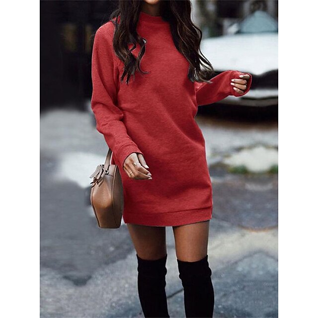  Women's Casual Dress Sweater Dress Daily Mini Dress Outdoor Daily Holiday Vacation Pure Color Long Sleeve Crew Neck 2023 Loose Fit Black Red Green S M L XL