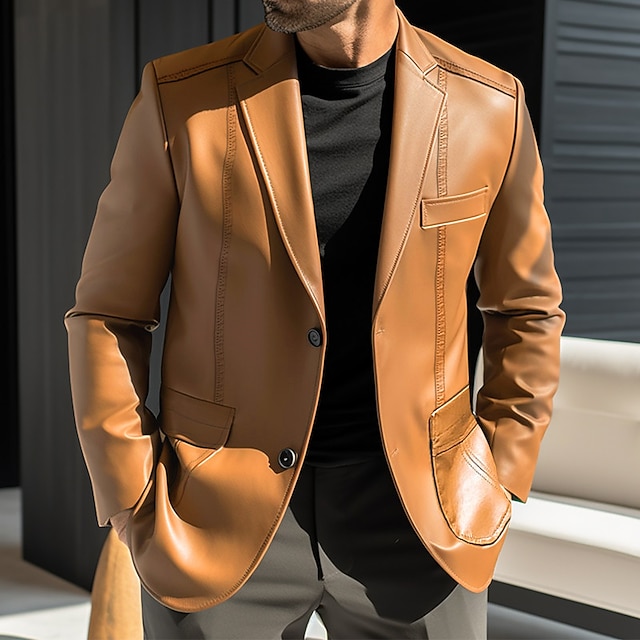  Voor heren Jas van imitatieleer Blazer Buiten Alledaagse kleding Vakantie Modieus Streetwear Herfst Winter Polyester Imitatieleer Effen nappi Zak Winddicht Warm Enkele rij knopen Blazer Zwart Rood