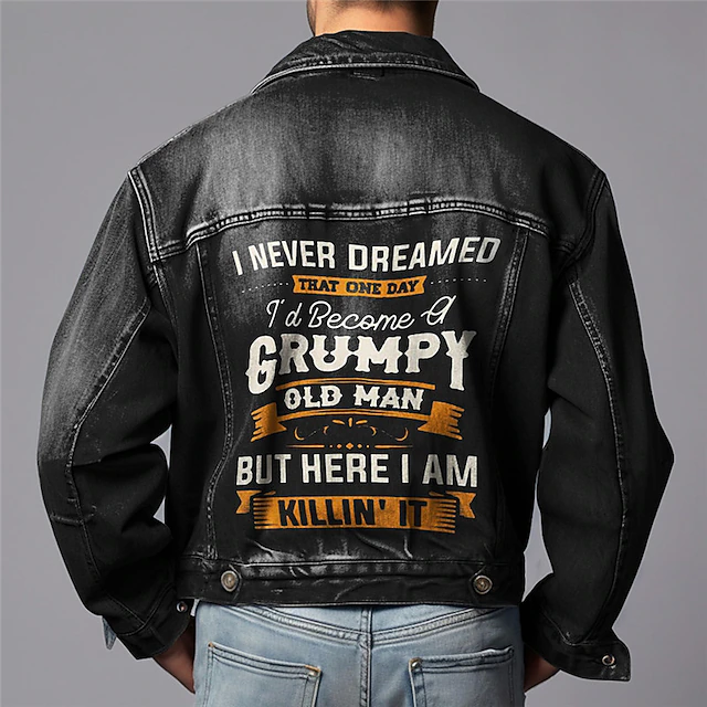Men's Letter Coat Jean Jacket Denim Jacket Comfortable Breathable Vintage Casual Sports & Outdoor Going out Weekend Buttons Print Fall & Winter Turndown Long Sleeve Black Blue 8