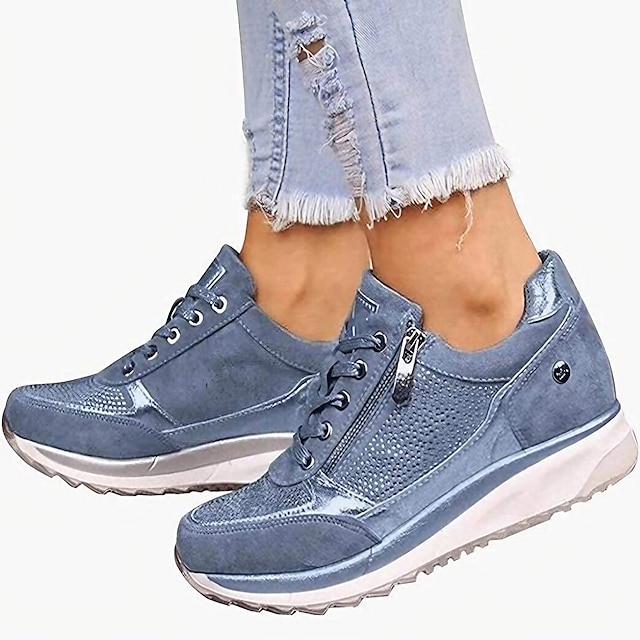  Women's Sneakers Plus Size Height Increasing Shoes Platform Sneakers Outdoor Daily Color Block Summer Platform Wedge Heel Round Toe Fashion Sporty Casual Walking Faux Leather Lace-up Dark Grey Blue