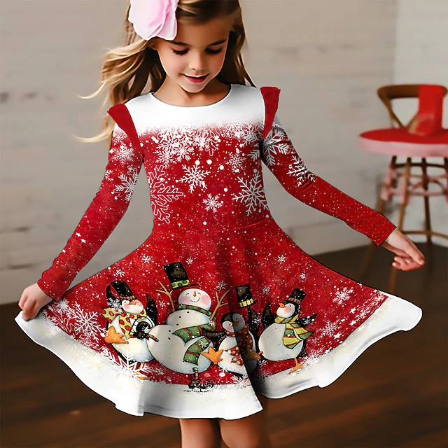 Christmas Girls' 3D Snowman Snowflake Christmas Dress Snowflake Dress Ruffle Dress Long Sleeve 3D Print Fall Winter Sports & Outdoor Daily Holiday Cute Casual Beautiful Kids 3-12 Years Casual Dress A 10