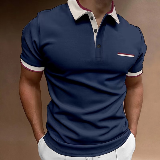  Men's Polo Shirt Golf Shirt Business Casual Ribbed Polo Collar Short Sleeve Fashion Basic Solid Color Button Pocket Summer Regular Fit Black White Red Dark Navy Polo Shirt