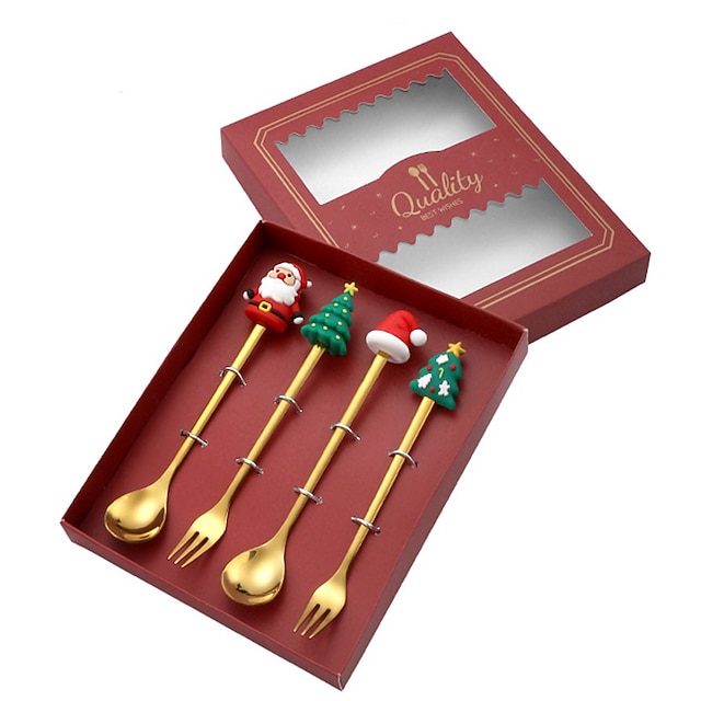  Set forchetta e cucchiaio natalizio color oro da 4 pezzi
