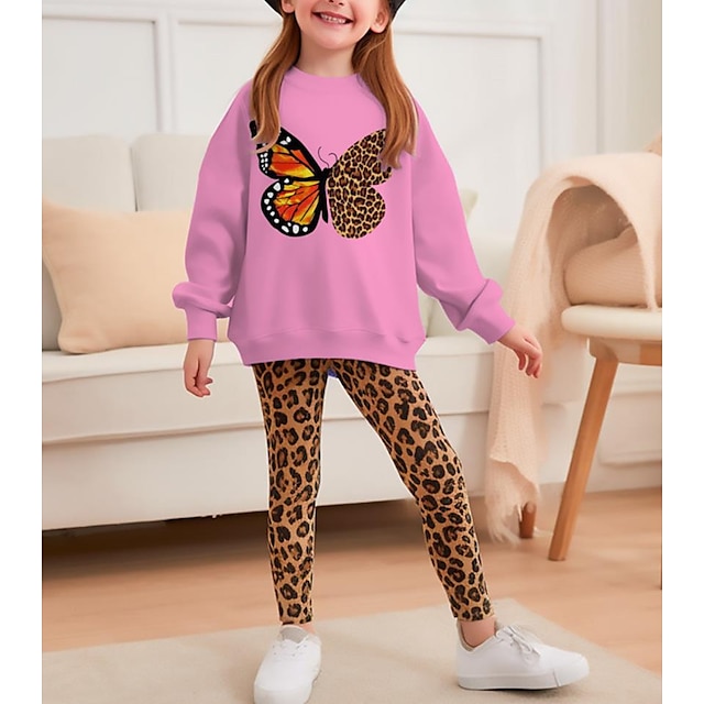  Pige 3D Leopard Sommerfugl Sweatshirt & Bukser Pink Langærmet 3D-udskrivning Efterår Vinter Aktiv Mode Daglig Polyester Børn 3-12 år udendørs Stævnemøde Ferierejse Regulær