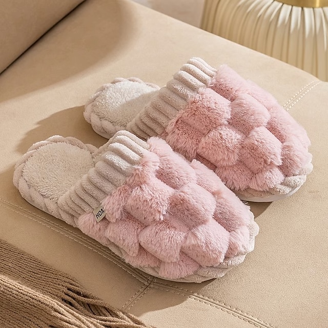 chinelos femininos rosa felpudos, sapatos confortáveis para casa com cabedal de malha e forro de pelúcia para conforto no inverno