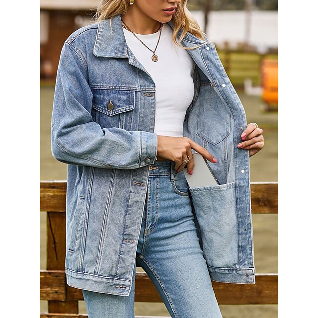  Women's Denim Jacket Fall Winter Street Daily Wear Vacation Regular Coat Windproof Breathable Loose Fit Classic & Timeless Casual Daily Street Style Jacket Long Sleeve with Pockets Pure Color Added