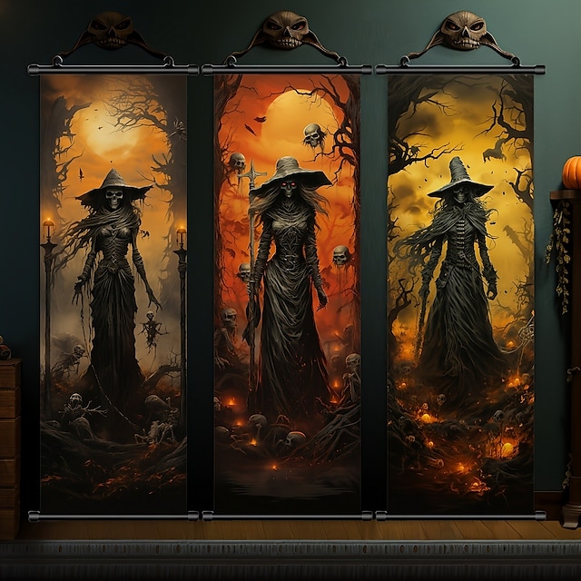  1pc Halloween Poster with Hangers Courtyard Skeleton Ghost Pumpkin Bat Party Witch Painting Lantern Enchantress Wall Art Canvas Posters Art For Home Living Room Decoration Wall Art Decor