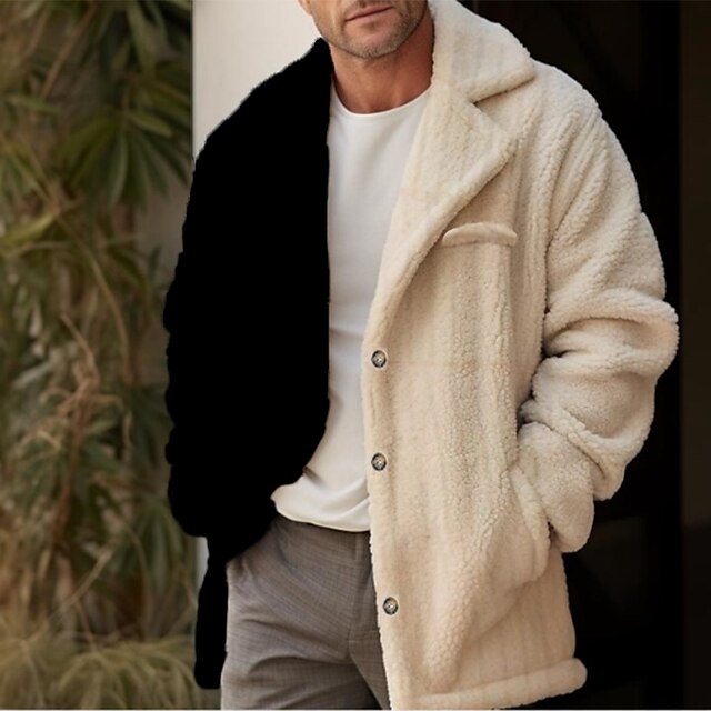  Men's Winter Coat Fleece Jacket Teddy Coat Warm Outdoor Daily Wear Fall Winter Fashion Streetwear Color Block Lapel Regular Black Jacket