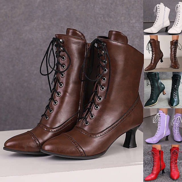  Women's Victorian Lace-Up Ankle Boots – Retro Faux Leather Heeled Boots for Cosplay, Parties, and Daily Wear