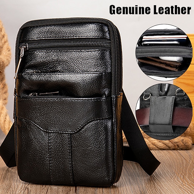  Men's Crossbody Bag Shoulder Bag Belt Bag Leather Outdoor Daily Holiday Zipper Large Capacity Waterproof Lightweight Solid Color Black Coffee