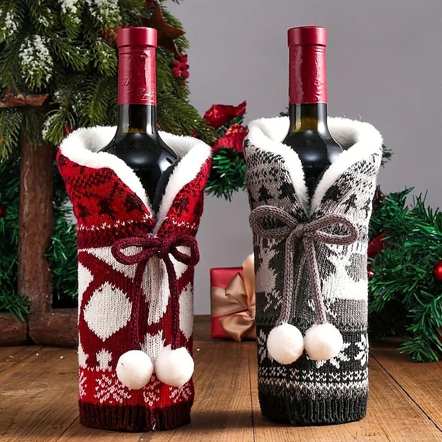  χριστουγεννιάτικα καλύμματα κρασιού fuzzy μπάλα πλεκτά καλύμματα μπουκαλιού κρασιού χριστουγεννιάτικα διακοσμητικά προϊόντα ατμόσφαιρας σπιτιού εορταστικά καλύμματα μπουκαλιών κρασιού, προμήθειες για μικρές επιχειρήσεις