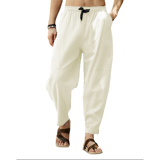 Men's Linen Pants Summer Pants Pocket Drawstring Plain Casual Daily ...