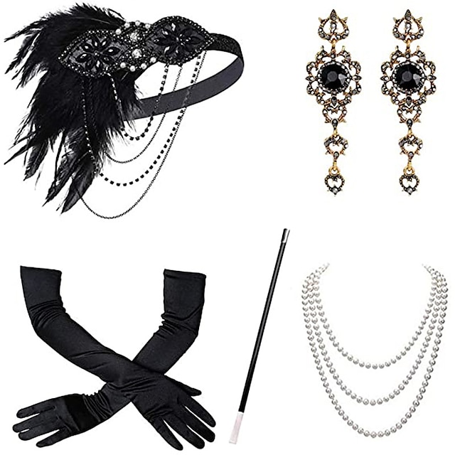  Vintage 1920s The Great Gatsby Flapper Headband Accessories Set Necklace Earrings Charleston Women's Feather Masquerade Festival Gloves
