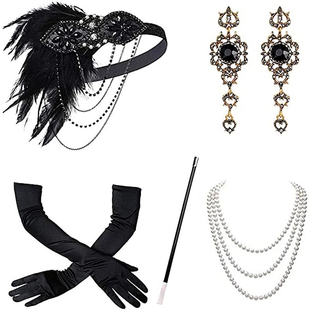  Vintage Jaren 1920 Gatsby Jaren ‘20 flapper hoofdband Accessoires ingesteld Ketting Oorbel Charleston Dames Veer Maskerade Festival Handschoenen