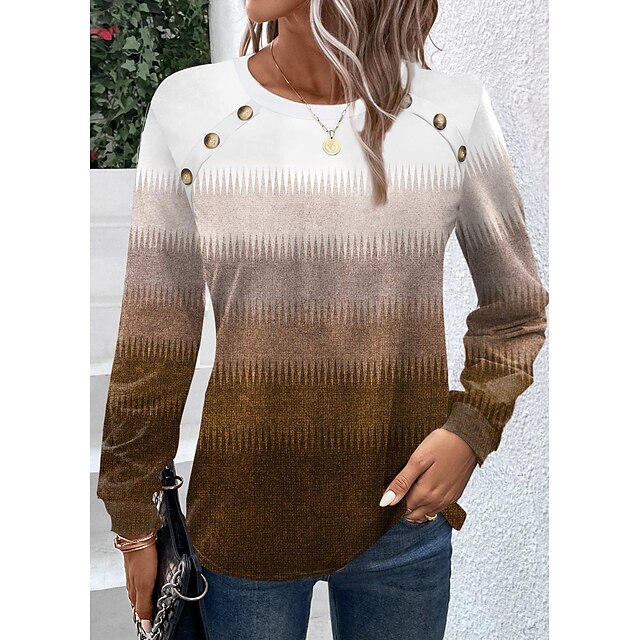  Women's T shirt Tee Brown Button Print Color Gradient Daily Weekend Long Sleeve Round Neck Fashion Regular Fit Painting Spring &  Fall