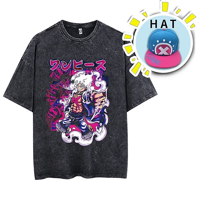  macaco de uma peça d. Luffy camiseta oversized ácido lavado camiseta punk gótico retro vinatge estilo de rua hip hop unissex adultos crianças com chapéu