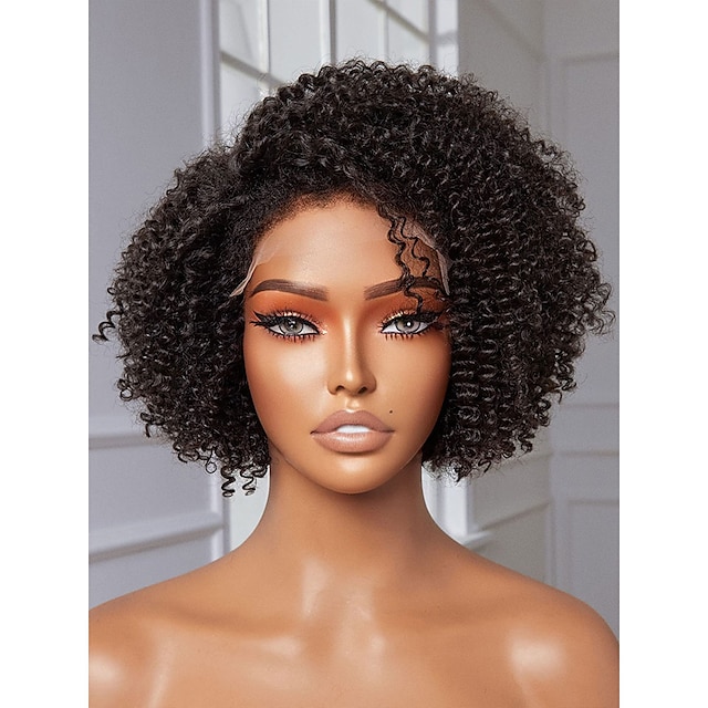  12 4C Edges Hairline Curly Afro Wig Short 5x5  Wigs Human Hair Pre Plucked Bleached Knots Kinky Curly Wig 180 Density