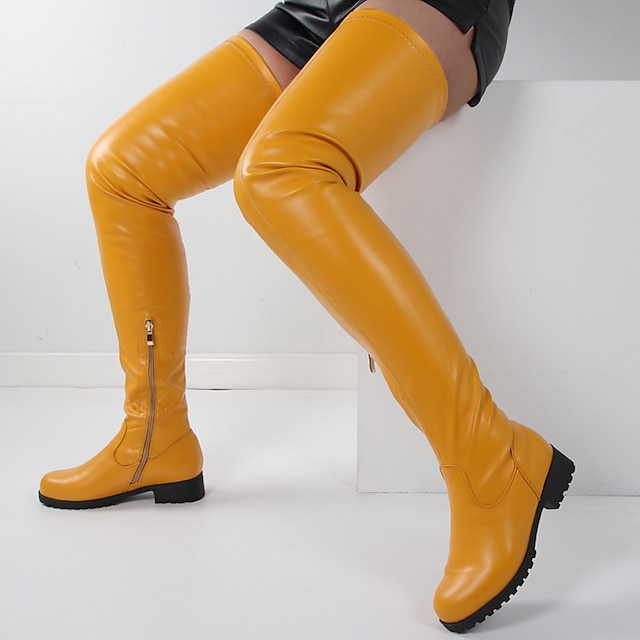 Women's Over-the-Knee Faux Leather Boots – Chunky Heel Thigh-High Boots ...