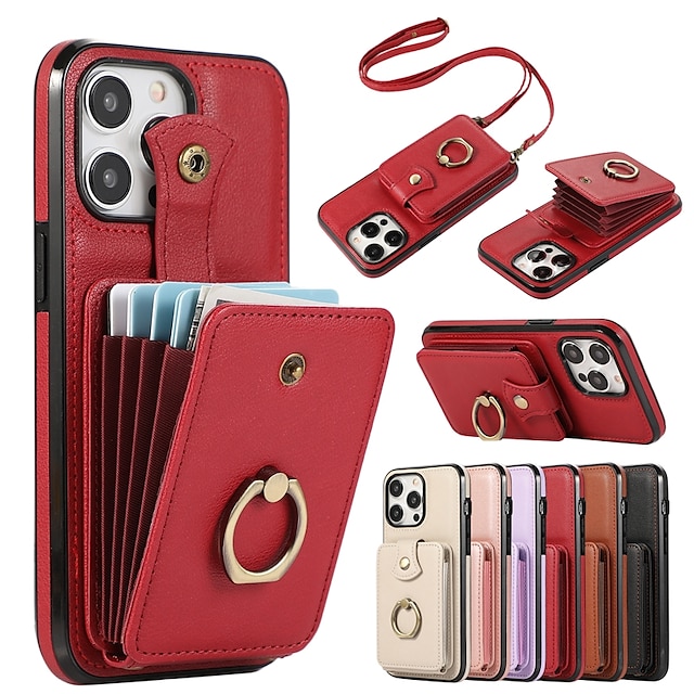  Phone Case For iPhone 15 Pro Max 14 Plus 13 12 11 Pro Max Back Cover Wallet Case Ring Holder with Lanyard Card Slot Retro TPU Metal PU Leather