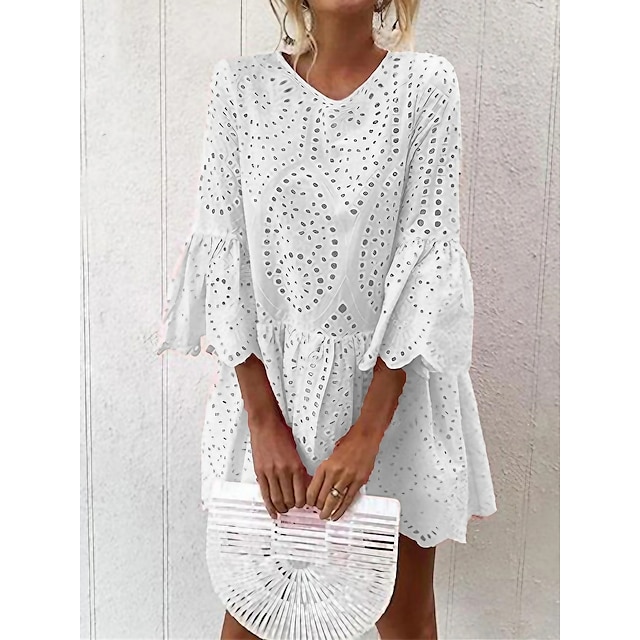  Women's Casual Dress White Dress Plain Dress Ruffle Eyelet Mini Dress Fashion Basic Daily Holiday Vacation 3/4 Length Sleeve V Neck Loose Fit 2023 White Yellow Pink Color S M L XL XXL Size
