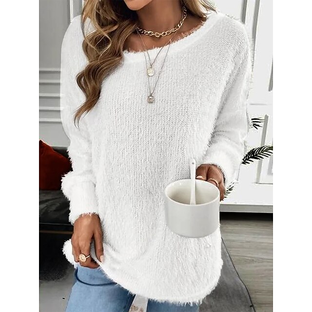  Women's Pullover Sweater Jumper Jumper Fuzzy Knit Oversized Regular Crew Neck Pure Color Daily Going out Elegant Soft Fall Winter White S M L