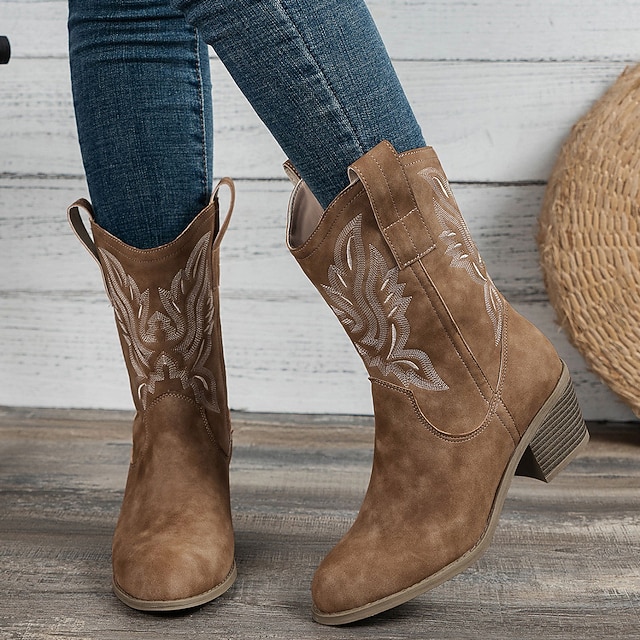 Women's Western Cowboy Boots with Embroidered Design - Comfortable Mid ...